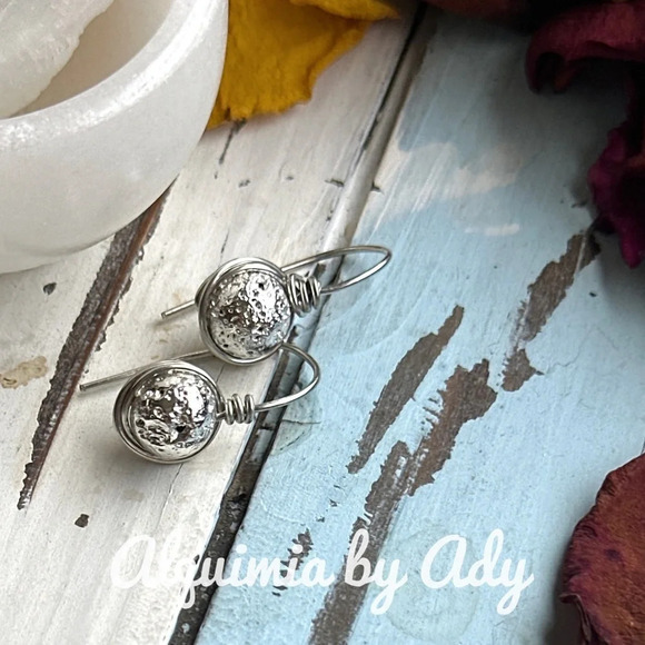 Silver metallic lava rock spheres dangle drops minimalist statement earrings - Picture 5 of 5